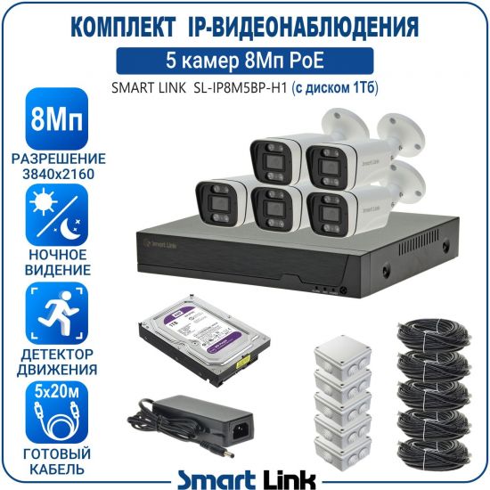 Готовый комплект 8Мп IP-видеонаблюдения PoE, уличный, на 5 камер, с жёстким диском 1Tb, с удалённым просмотром, для дома, дачи, бизнеса. Smart Link SL-IP8M5BP-H1 Готовый комплект 8Мп IP-видеонаблюдения PoE, уличный, на 5 камер, с жёстким диском 1Tb, с удалённым просмотром, для дома, дачи, бизнеса. Smart Link SL-IP8M5BP-H1