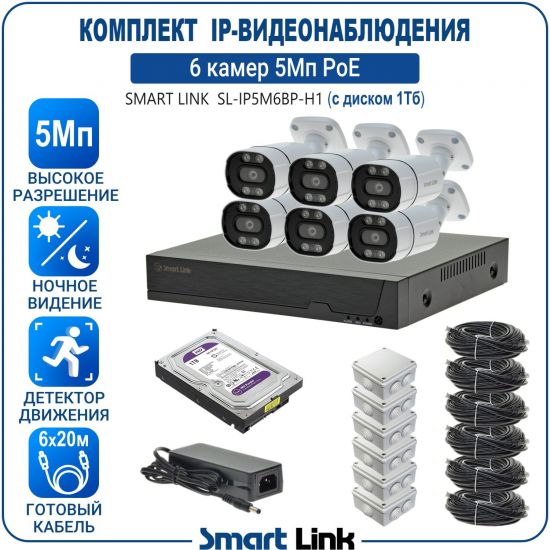Готовый комплект 5Мп IP-видеонаблюдения PoE, уличный, на 6 камер, с жёстким диском 1Tb, с удалённым просмотром, для дома, дачи, бизнеса. Smart Link SL-IP5M6BP-H1 Готовый комплект 5Мп IP-видеонаблюдения PoE, уличный, на 6 камер, с жёстким диском 1Tb, с удалённым просмотром, для дома, дачи, бизнеса. Smart Link SL-IP5M6BP-H1