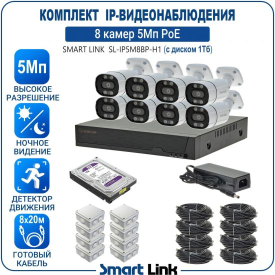 Готовый комплект 5Мп IP-видеонаблюдения PoE, уличный, на 8 камер, с жёстким диском 1Tb, с удалённым просмотром, для дома, дачи, бизнеса. Smart Link SL-IP5M8BP-H1 Готовый комплект 5Мп IP-видеонаблюдения PoE, уличный, на 8 камер, с жёстким диском 1Tb, с удалённым просмотром, для дома, дачи, бизнеса. Smart Link SL-IP5M8BP-H1