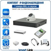 Готовый комплект 4Мп IP-видеонаблюдения, уличный, на 1 камеру со звуком, с жёстким диском, с удалённым просмотром, для дома, дачи, бизнеса. Smart Link SL-IP4M1MA-H