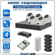 Готовый комплект 4Мп IP-видеонаблюдения PoE, уличный, на 5 камер со звуком, с жёстким диском, с удалённым просмотром, для дома, дачи, бизнеса. Smart Link SL-IP4M5MPA-H