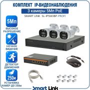 Готовый комплект 5Мп IP-видеонаблюдения PoE, уличный, на 3 камеры, с записью на жёсткий диск, с удалённым просмотром, для дома, дачи, бизнеса. Smart Link SL-IP5M3BP-P