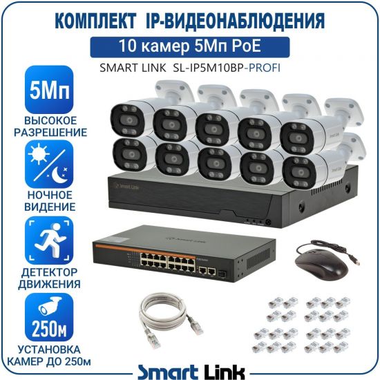 Готовый комплект 5Мп IP-видеонаблюдения PoE, уличный, на 10 камер, с записью на жёсткий диск, с удалённым просмотром, для дома, дачи, бизнеса. Smart Link SL-IP5M10BP-P